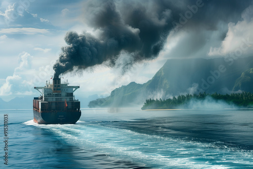 Ocean Cargo Ship Smokes Heavy Near Tropical Island in Sunset. 