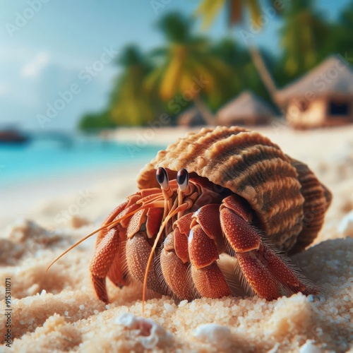 Closeup of a hermit crab on a tropical beach
 photo