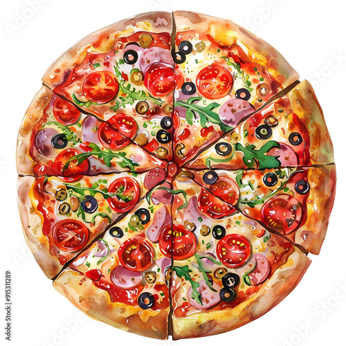 A round flatbread topped with tomato sauce, cheese, and various toppings like sausage, ham, and vegetables, full body, isolate on white background, watercolor illustration.