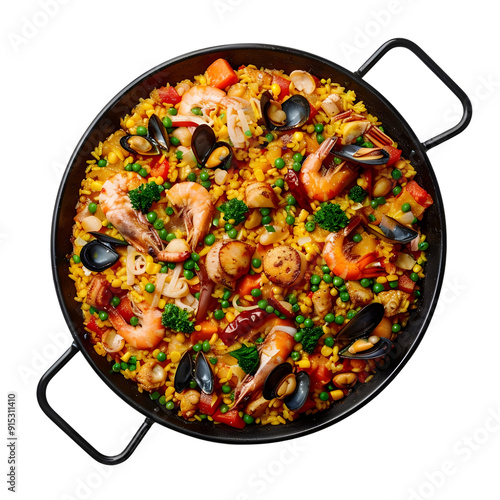 Paella, food, photograph, Studio lighting, full body, isolate on white background.