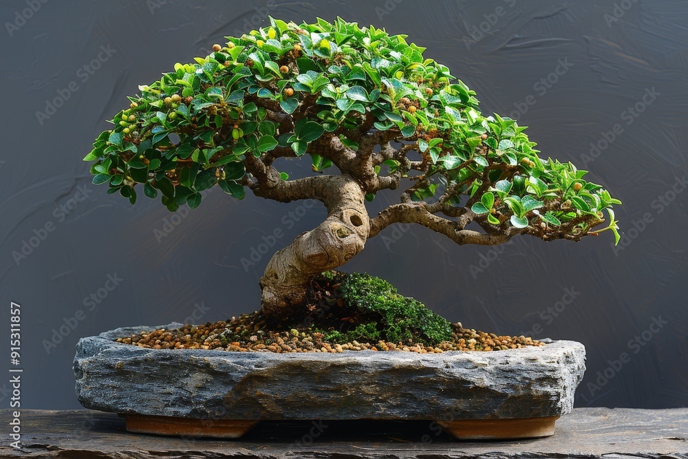 A striking style Bonsai with the slender branches, elegantly laid out on a simple backdrop A striking style Bonsai with the slender branches, elegantly laid out on a simple backdrop