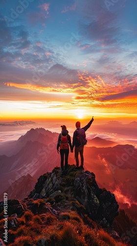 A Couple Stands on the Edge of an Epic Mountain Peak. AI generated illustration.