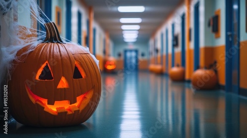 Halloweendecorated school hallway with pumpkins and cobwebs, festive school, eerie corridor photo