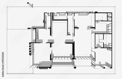 Architectural sketch of modern house building 3d rendering