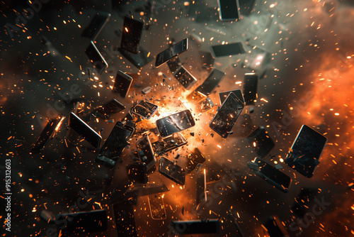 Explosion and a bunch of smartphones fly apart