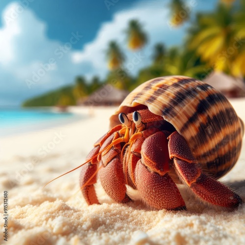 Closeup of a hermit crab on a tropical beach 