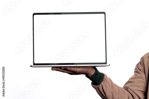 Hand holding blank laptop screen