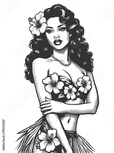 Hawaiian hula girl with hibiscus flowers, tropical charm and island beauty sketch engraving generative ai fictional character vector illustration. Scratch board imitation. Black and white image.