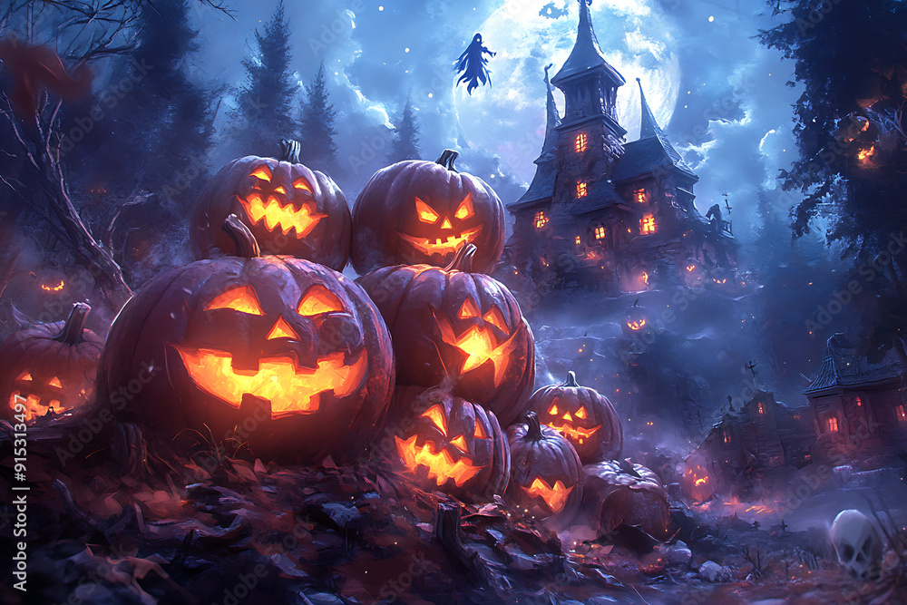 Fototapeta premium Halloween background with haunted house, castle, cemetery, graveyard, scary, spooky, horror scene