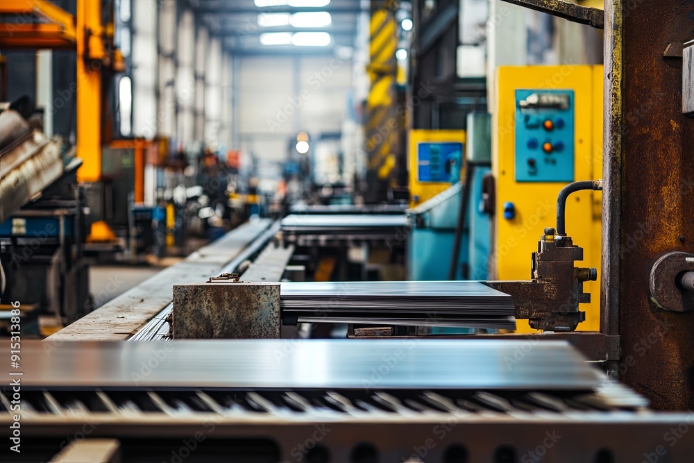 Industrial workshop with machinery processing metal sheets during the day Industrial workshop with machinery processing metal sheets during the day