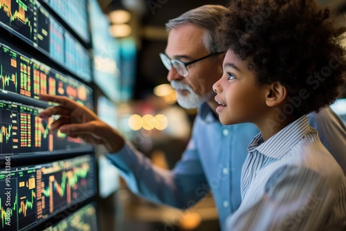 Learning the Ins and Outs of Stock Exchange: Young Person Getting Investment Advice from Senior Mentor