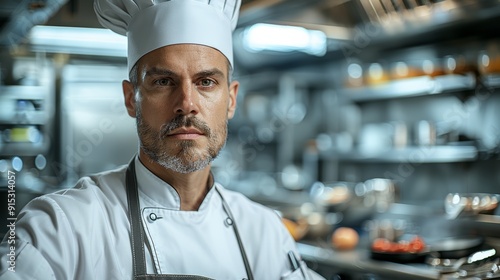 A professional chef in a busy restaurant kitchen prepares exquisite dishes during dinner service