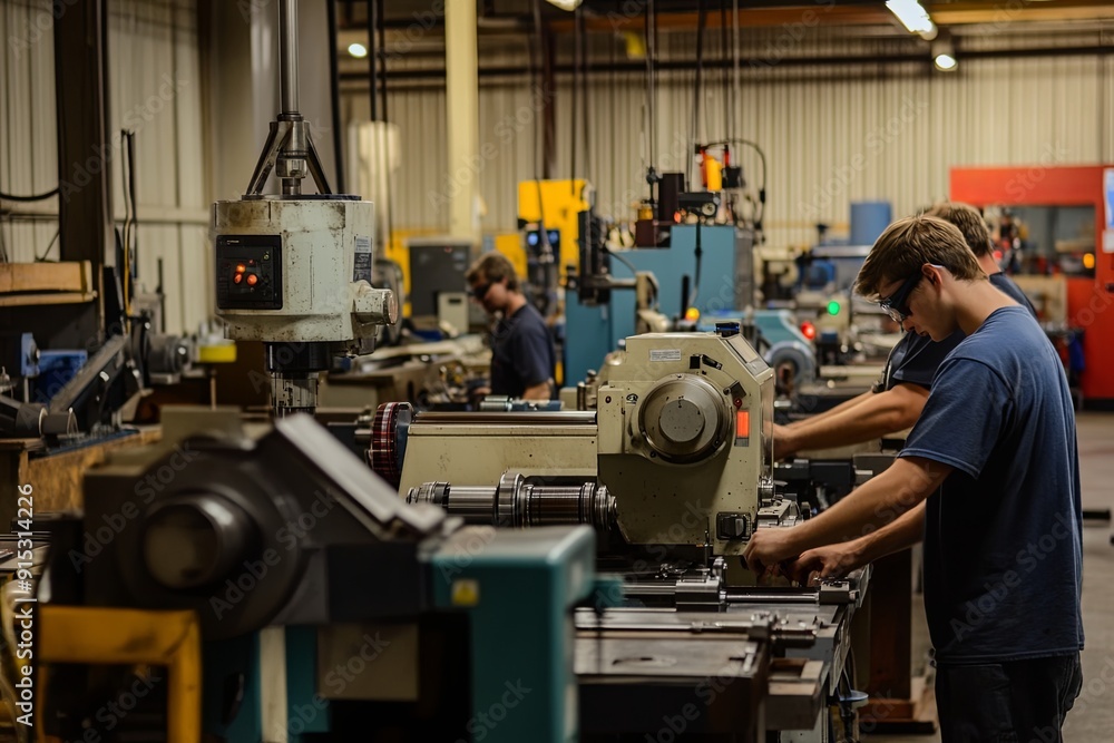 Workers engaged in machining activities at a manufacturing facility during the day Workers engaged in machining activities at a manufacturing facility during the day