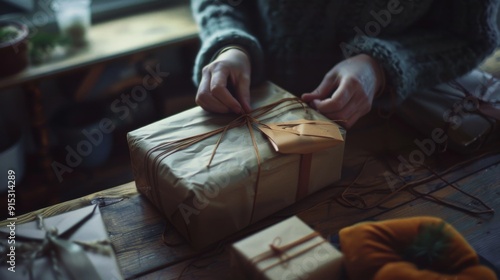 A person's hands meticulously wrap a gift on a wooden table, surrounded by rustic holiday decorations, capturing the essence of festive preparation.