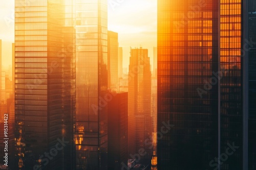 Sunset Cityscape: The Warm Orange Glow Enveloping Skyscrapers and Urban Landscape Capturing the Quintessence of Urban Life and Evening Tranquility