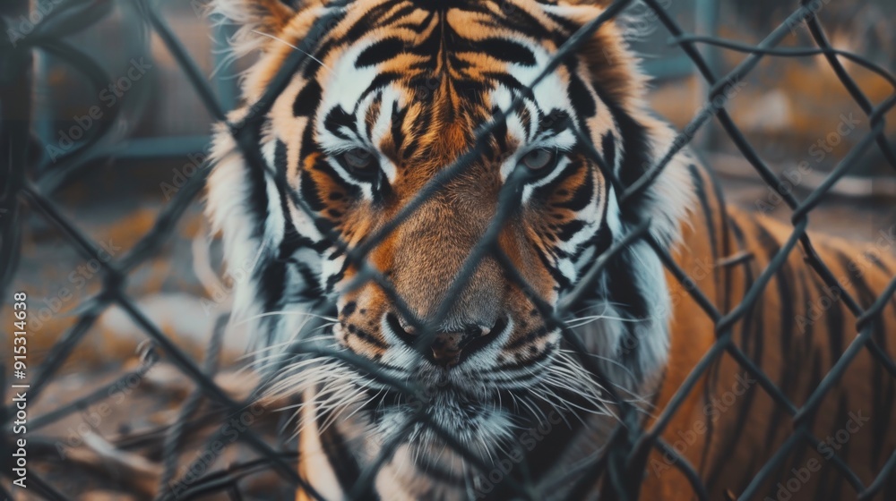 An intimidating tiger stares through the metallic fence of its ...