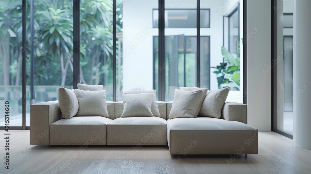 A plush beige sectional sofa sits in a stylish, modern living room with large windows that open to a lush, green outdoor view. A plush beige sectional sofa sits in a stylish, modern living room with large windows that open to a lush, green outdoor view.