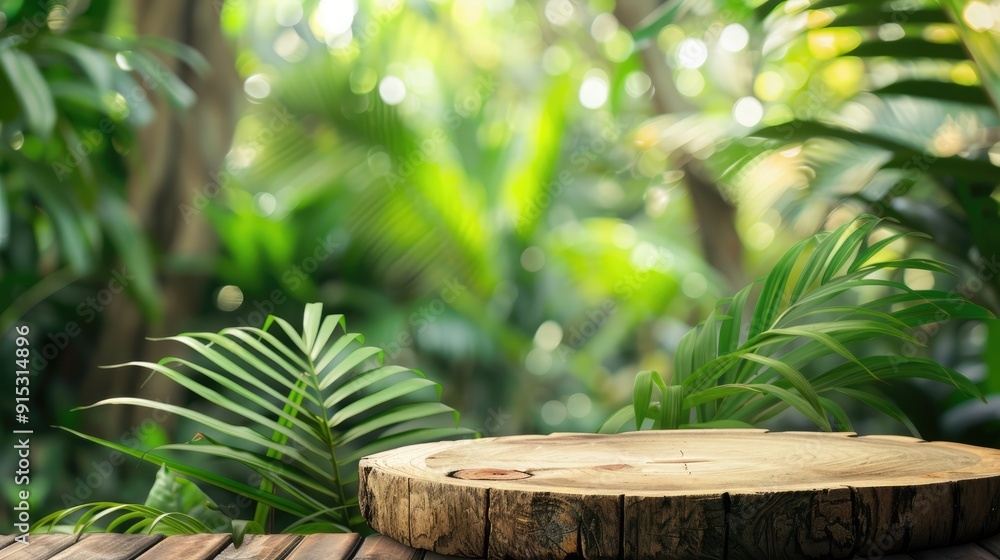 Tropical garden setting with wooden podium, blurred greenery background. Display stand in natural environment, jungle theme. Tropical garden setting with wooden podium, blurred greenery background. Display stand in natural environment, jungle theme.