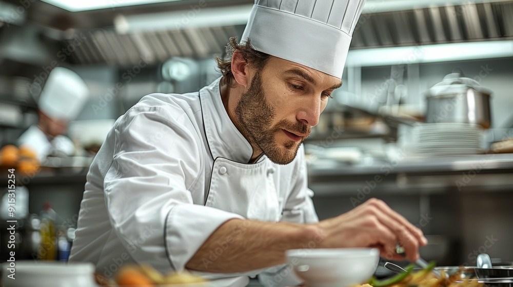 Chef carefully plating a gourmet dish in a bustling restaurant kitchen during dinner service Chef carefully plating a gourmet dish in a bustling restaurant kitchen during dinner service