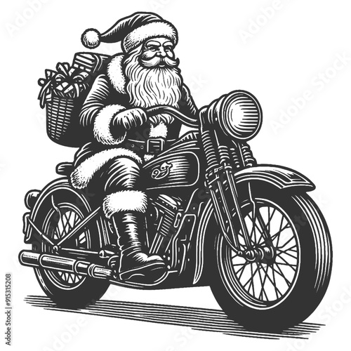 Santa Claus on motorcycle carrying sack of gifts. Festive and fun holiday scene. sketch engraving generative ai fictional character vector illustration. Scratch board imitation. Black and white image.
