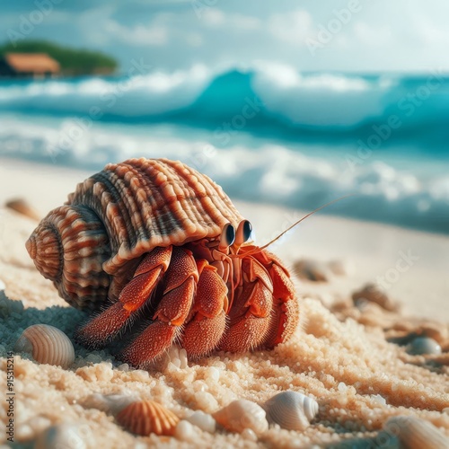 Closeup of a hermit crab on a tropical beach 