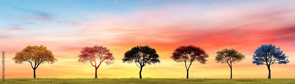 Vibrant sunset sky with intense orange, red, and pink hues, silhouetted trees, dynamic and colorful atmosphere Vibrant sunset sky with intense orange, red, and pink hues, silhouetted trees, dynamic and colorful atmosphere