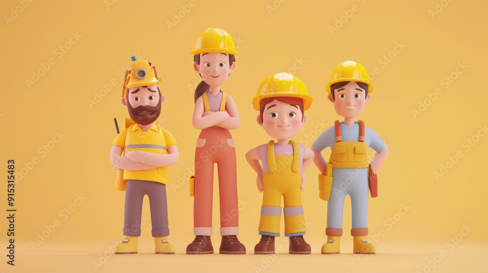 Cartoon-style illustration of a diverse team of construction workers in hard hats, posing against a yellow background. Cartoon-style illustration of a diverse team of construction workers in hard hats, posing against a yellow background.