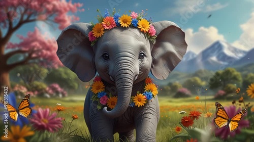 an elephant and beautiful flowers with sunlight, cartoon style. Seamless looping 4k video animation