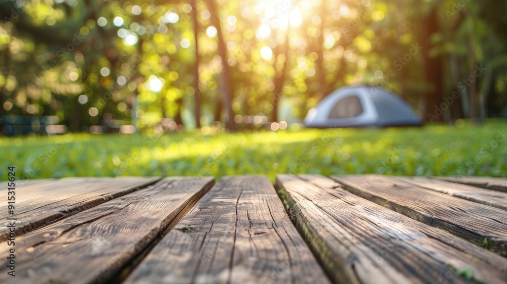 Wooden table top with blurred camping tent, grass field. Fresh and Relaxation theme for product display or visual layout with copy space. Wooden table top with blurred camping tent, grass field. Fresh and Relaxation theme for product display or visual layout with copy space.