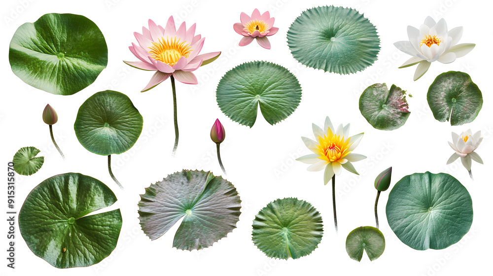 Collection of lily pads and lotus flowers isolated on white background Collection of lily pads and lotus flowers isolated on white background