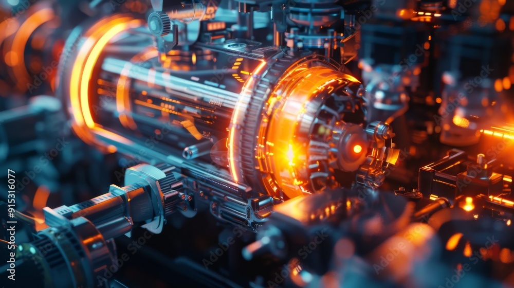 A high-tech engine with glowing orange components and intricate machinery shines with futuristic energy and precision. A high-tech engine with glowing orange components and intricate machinery shines with futuristic energy and precision.