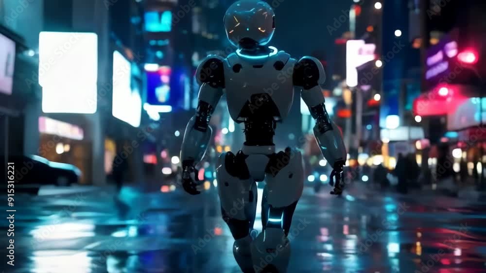 Android Robot walking in a city Android Robot walking in a city