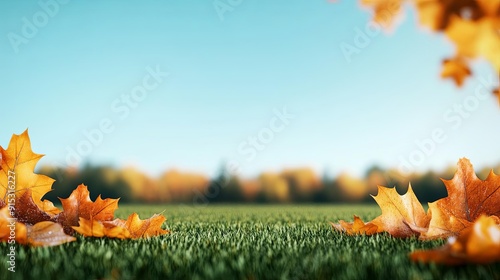 A fresh morning in autumn, with the crisp wind blowing through a meadow covered in dew-kissed leaves, under a clear, blue sky, autumn wind crisp photo