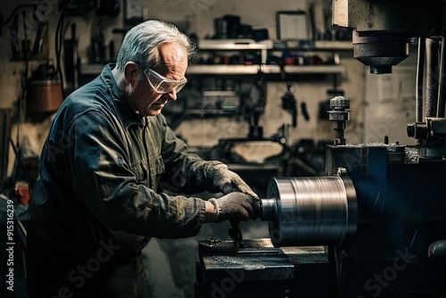Skilled craftsman working on metal lathe in a workshop during evening hours