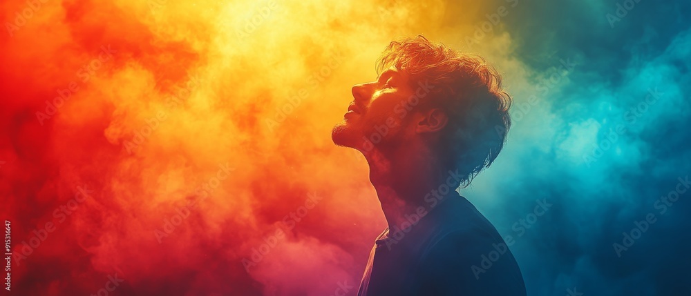 A profile of a person surrounded by vibrant colored smoke, evoking emotion and creativity in a striking visual display. A profile of a person surrounded by vibrant colored smoke, evoking emotion and creativity in a striking visual display.