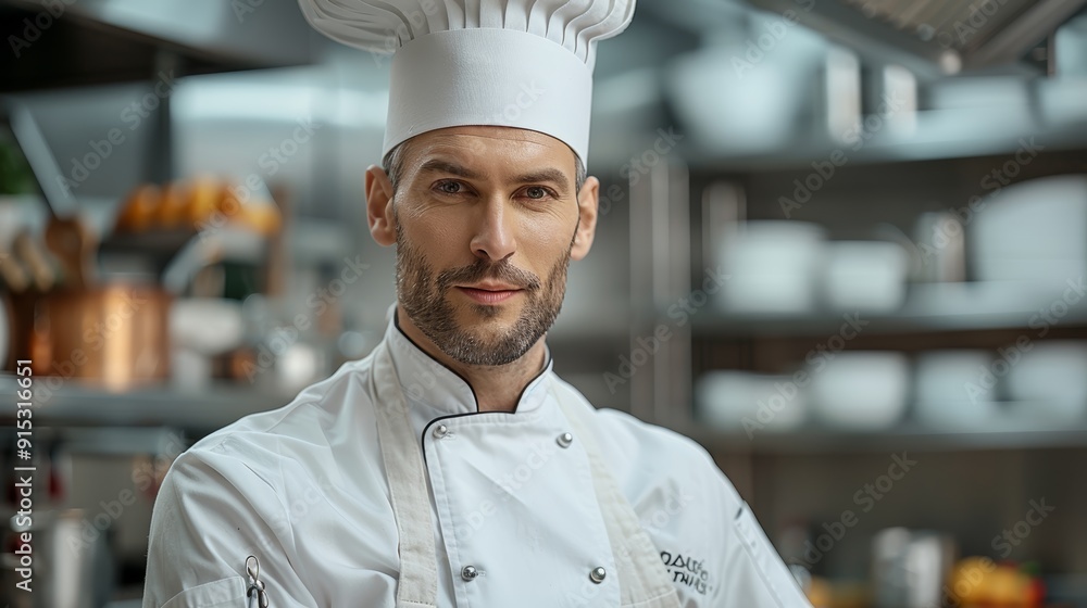 Chef wearing a white uniform and hat stands confidently in a modern restaurant kitchen during daytime Chef wearing a white uniform and hat stands confidently in a modern restaurant kitchen during daytime