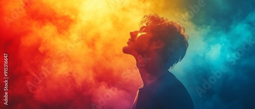 A profile of a person surrounded by vibrant colored smoke, evoking emotion and creativity in a striking visual display.