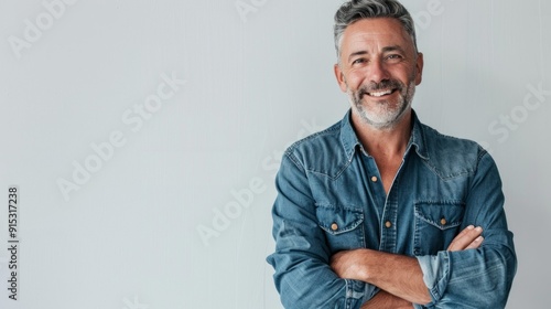 A man with a beard and gray hair is smiling and wearing a blue shirt