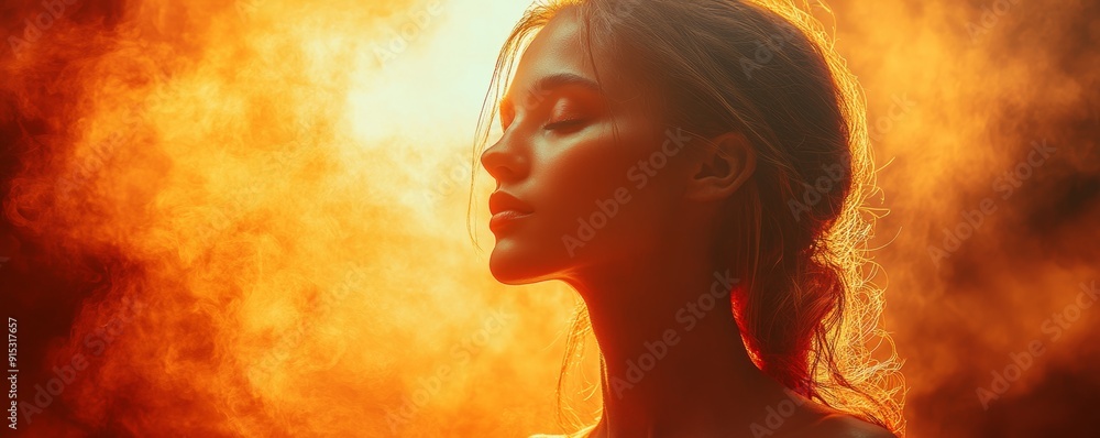 A serene profile of a woman in warm, glowing light, embodying tranquility and beauty amidst vibrant smoke. A serene profile of a woman in warm, glowing light, embodying tranquility and beauty amidst vibrant smoke.