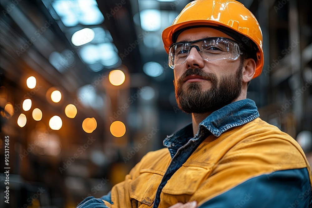 Construction worker in safety gear at a modern industrial site during the day Construction worker in safety gear at a modern industrial site during the day
