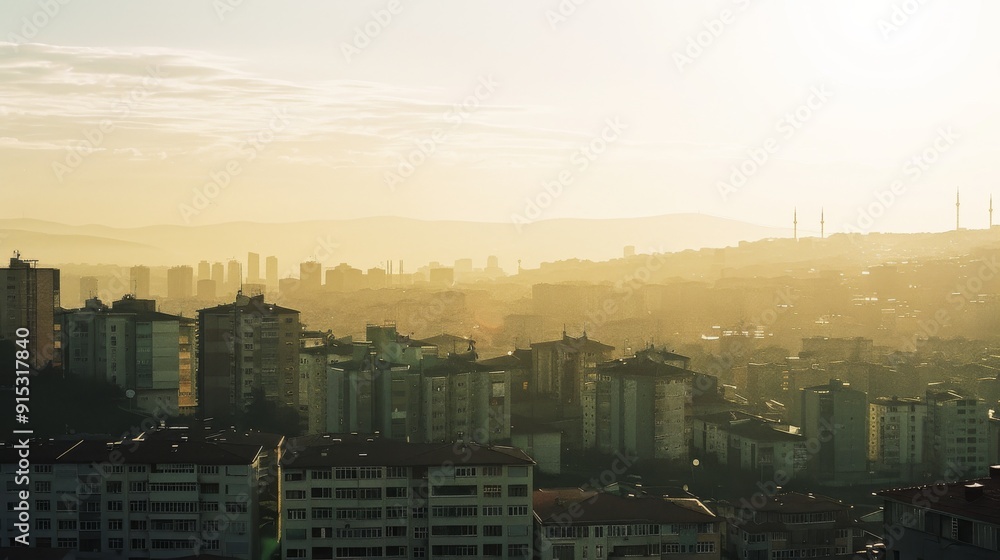 Fototapeta premium An expansive cityscape bathed in the golden light of a setting sun, revealing layers of buildings extending towards the horizon.