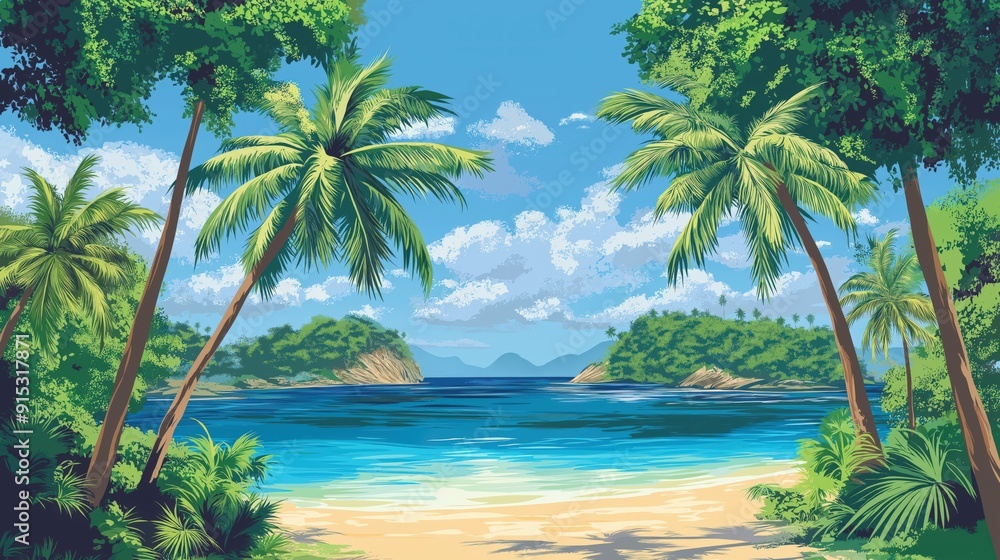 Tropical Beach Landscape with Palm Trees and Blue Water Tropical Beach Landscape with Palm Trees and Blue Water