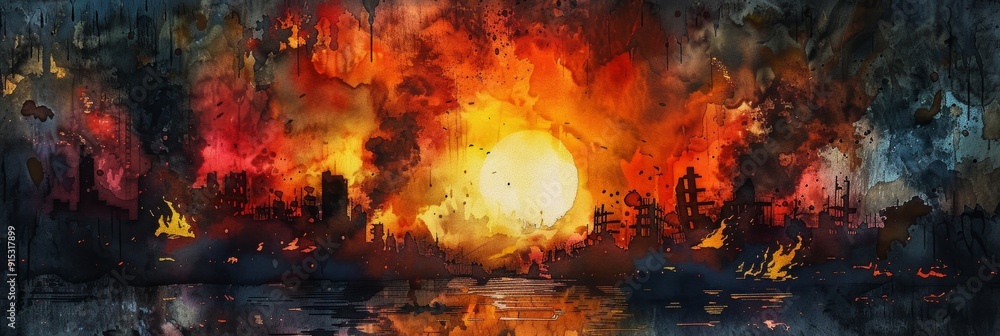 Nuclear war the end of the world apocalyptic doomsday watercolor paints art background Nuclear war the end of the world apocalyptic doomsday watercolor paints art background