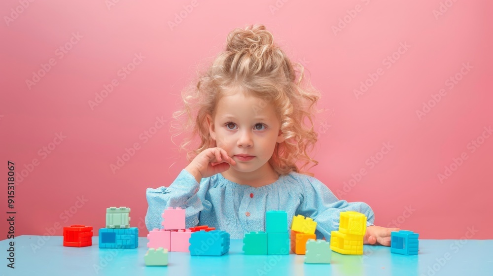 A young child with curly blonde hair in a blue dress contemplates while surrounded by colorful building blocks against a vivid pink background. A young child with curly blonde hair in a blue dress contemplates while surrounded by colorful building blocks against a vivid pink background.