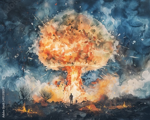 Nuclear war the end of the world apocalyptic doomsday watercolor paints art background