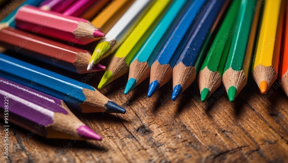 Colorful pencils laid out on wooden table in a row Colorful pencils laid out on wooden table in a row