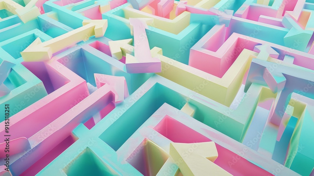 Aerial view of a vibrant pastel-colored maze with arrows pointing in various directions, creating an intriguing and colorful puzzle. Aerial view of a vibrant pastel-colored maze with arrows pointing in various directions, creating an intriguing and colorful puzzle.