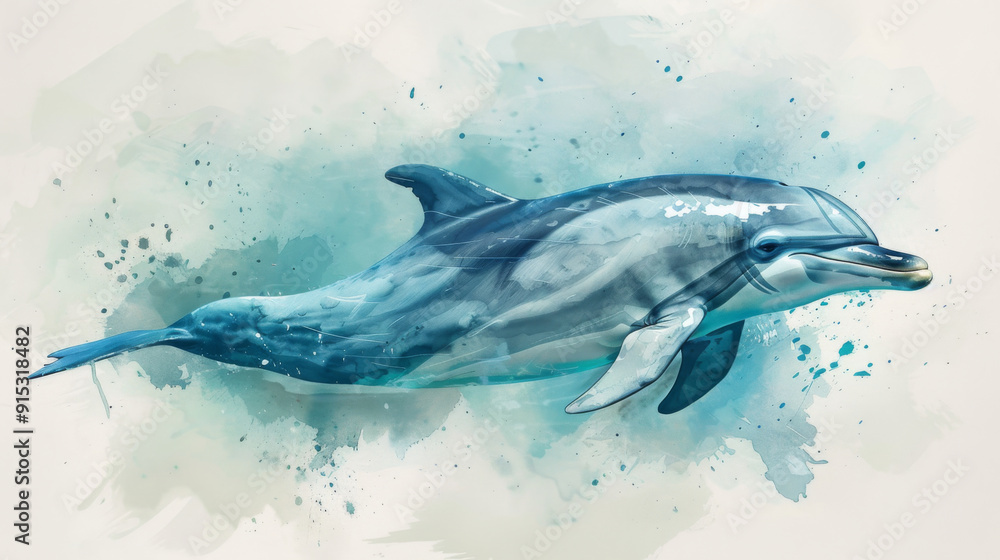 A beautiful watercolor illustration of a dolphin swimming, highlighted with blue tones and artistic splashes. A beautiful watercolor illustration of a dolphin swimming, highlighted with blue tones and artistic splashes.