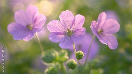 Beautiful close-up of blooming flowers in a spring garden featuring pink and purple petals with lush green leaves