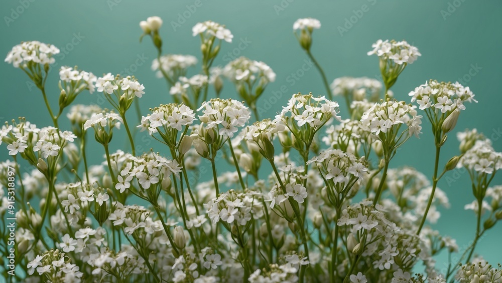 Fototapeta premium Close-up of white little flowers with soft green background